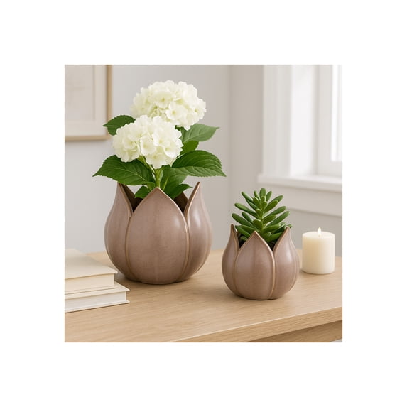 Flower Pots for Home Decor - Ceramic Petal Shaped Planters for Indoor and Outdoor Plants - Decorative Plant Pots for Living Room, Entryway, Garden, or Patio Decor - Set of 2, 7", 5", Purple