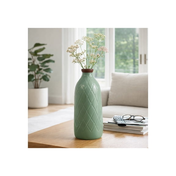 Sagebrook Home Ceramic Plaid Textured Vase for Living Room and Home Decor - Flower Vase for Bedroom, Office, and Dining Room - 16, Green & Brown