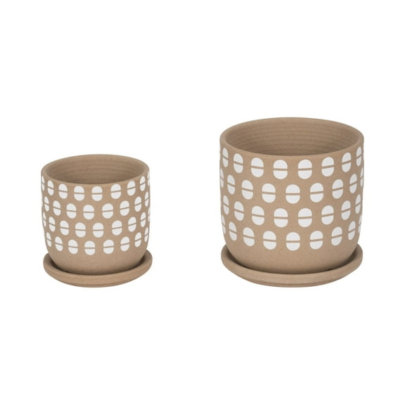 Sagebrook Home Ceramic Saucer Planters Set of 2, Hand Stamped, 5/6" Tan and White, Perfect for Home Decor and Garden Enthusiasts