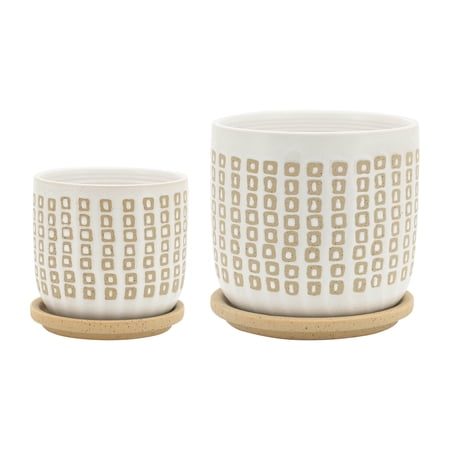 Sagebrook Home Ceramic Set Of 2 5/6" Planter With Saucer, Sand, Round, Ceramic, Contemporary, 6"H, Geometric