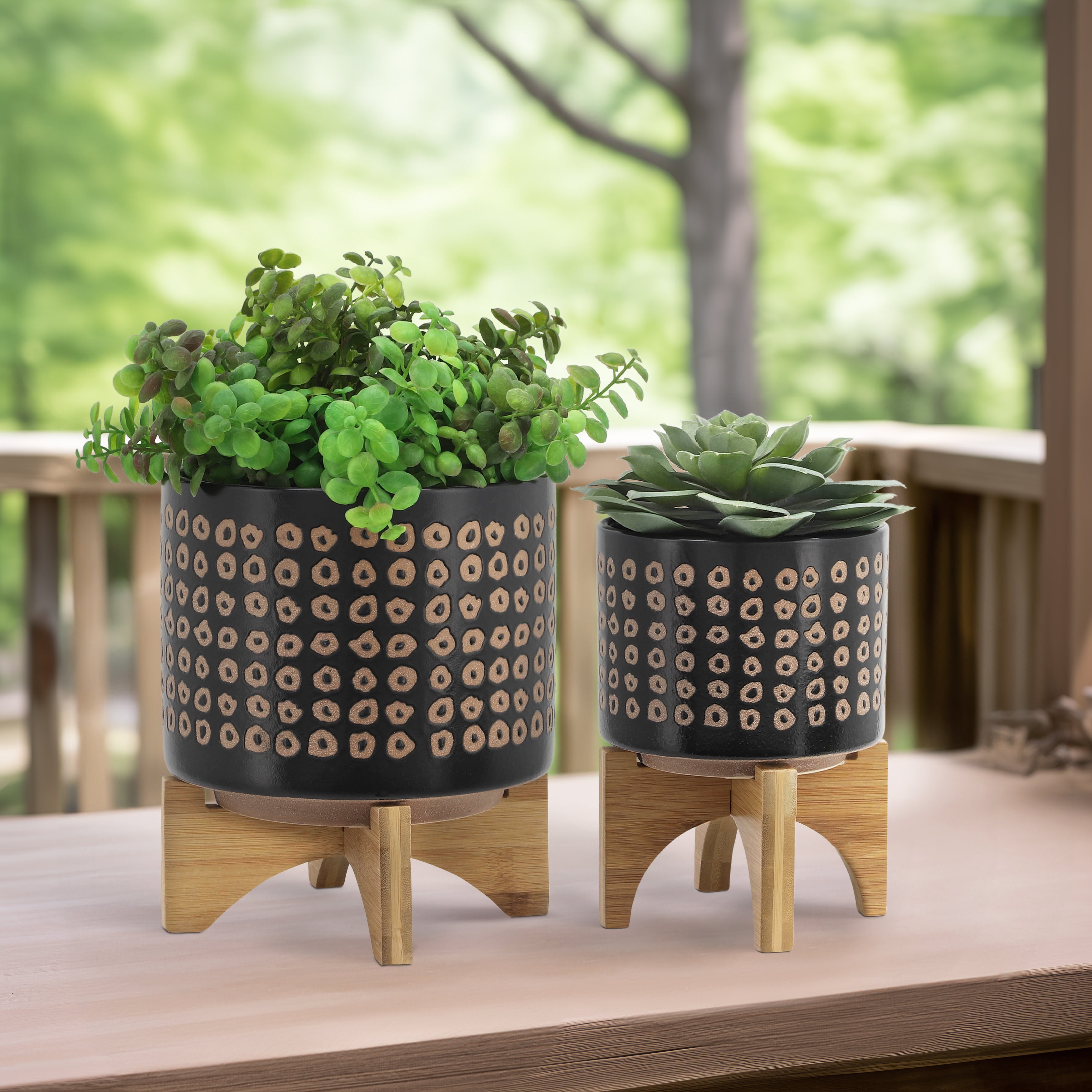 Modern Ceramic and Bamboo Planter Set, 8" x 11", in Rich Brown