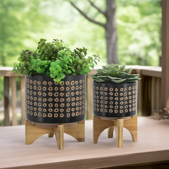 Set of 2 Ceramic Planters with Bamboo Stand - Modern Aztec Pattern Ceramic Indoor/Outdoor Plant Pots for Home & Garden Decor - 10.5" Brown