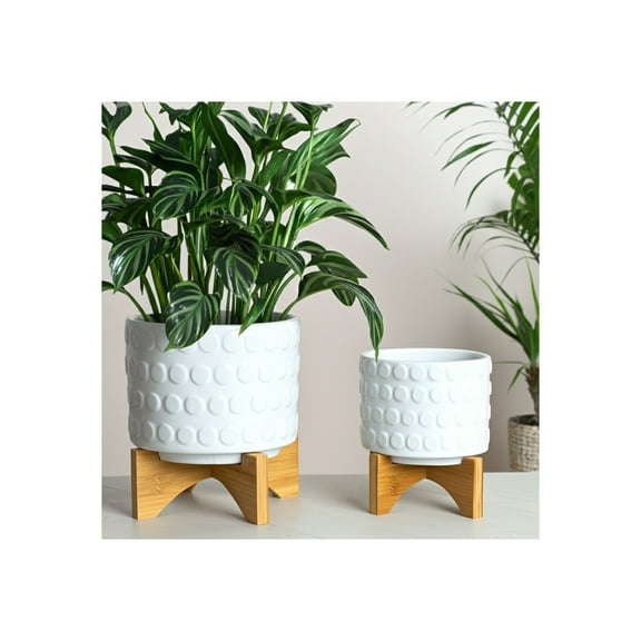 Set of 2  Ceramic Planters with Bamboo Stands - Modern Decorative Indoor/Outdoor Flower Pots for Home & Garden - 7" & 10.5" White