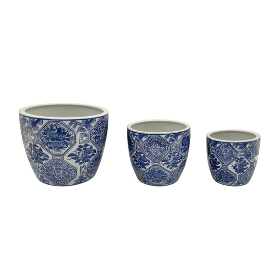 Sagebrook Home Ceramic Set of 3 6/8/10" Chinoiserie Planters, Blue/white