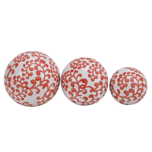 Sagebrook Home Ceramic Set of 3 Fern Orbs, 4/5/6" White/red