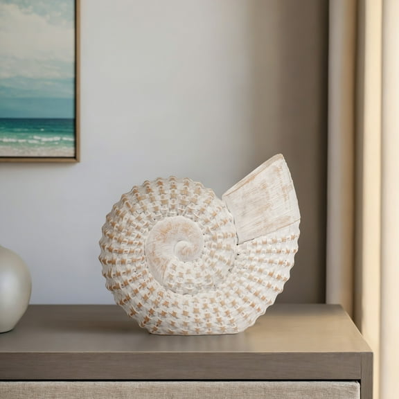 Stoneware Seashell Figurine - Coastal Ceramic Home Decor Accent for Shelf, Table, or Office - White,  7" x 3" x 7"