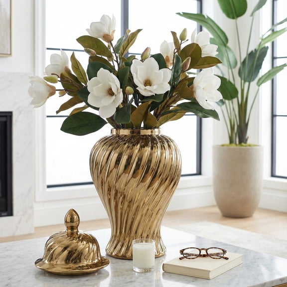 Elegant Ceramic Temple Jar with Lid for Home Decor - Sculptural Flower Vase for Living Room, Bedroom, or House Display - Table Decor for Dining Room or Kitchen Counter - 20", Gold & Metallic