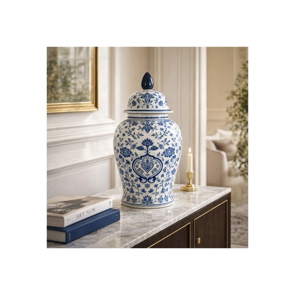 Ceramic Flower Vase for Living Room Decor - Ginger Jar Vase with Traditional Floral Design - Table Accent for Room, Bedroom, Office, or House Display and Home Decor - 18", Blue and White