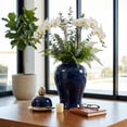 thumbnail image 1 of Ceramic Temple Jar with Lid for Living Room Decor - Contemporary Flower Vase for Bedroom, Home Styling, and Kitchen Counter - Sculpted House Accent for Office and Table Decor - 18", Blue & Gold, 1 of 13