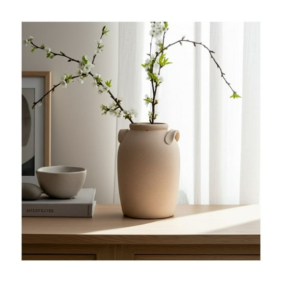 Stoneware Ceramic Vase - Rustic Decorative Flower Holder - Casual Style Accent Piece for Home, Office, Bedroom & Living Room - 8" Ivory & Tan