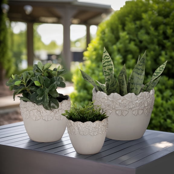 Ceramic Flower Pots for Home Decor - Floral Crown Planters for Indoor and Outdoor Display - Modern Plant Pots for Patio, Living Room, Garden, and Entryway - Set of 3, 10", 9", 7", Ivory & Tan