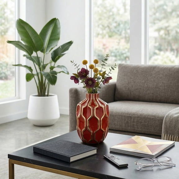 Geometric Vase for Living Room Display - Modern Ceramic Flower Vase for Home, Office, Table, or Bedroom Decor - Decorative Accent for Mantel, Console, and Kitchen Counter - 8", Red & Gold
