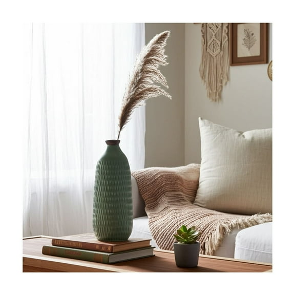 Boho Ceramic Stoneware Vase - Textured Decorative Flower Holder for Home, Office, Bedroom & Living Room - Modern Accent Piece; 16" Green