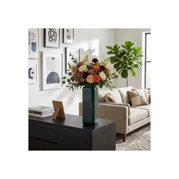 Ceramic Vase with Grooved Detail for Living Room Decor - Decorative Flower Vase for Table Centerpiece and Home Display - Modern House Accent for Bedroom and Office Decor - 18", Green