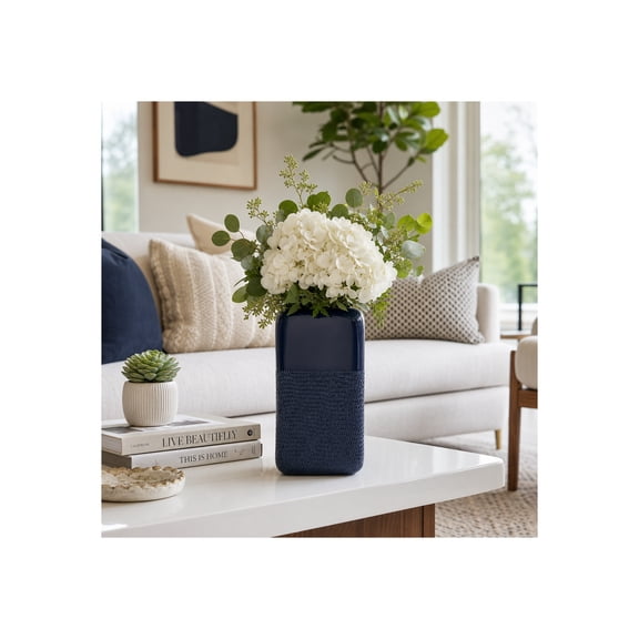 Ceramic Vase with Grooved Detail for Living Room Decor - Decorative Flower Vase for Home and Room Display - Modern Accent for Bedroom, House, Office Styling and Table Centerpiece - 10", Blue