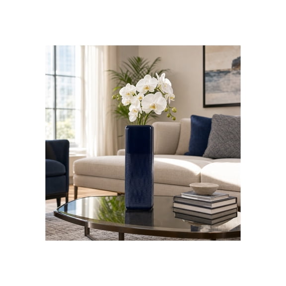 Ceramic Vase with Grooved Detail for Living Room Decor - Decorative Flower Vase for Home and Room Display - Modern Accent for Bedroom, House, Office Styling and Table Centerpiece - 18", Blue
