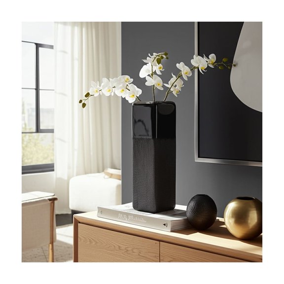 Modern Ceramic Vase - Textured Stoneware Decorative Flower Holder for Home, Office & Living Room - Tall Square Accent for Tables & Shelves - 18" Black