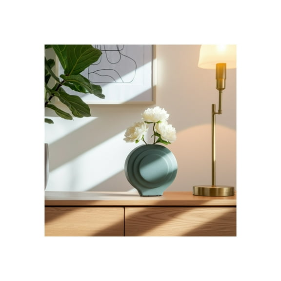 Modern Stoneware Dolomite Vase - Round Decorative Accent for Home, Office & Living Room - Contemporary Minimalist Design - 7" Blue & Green