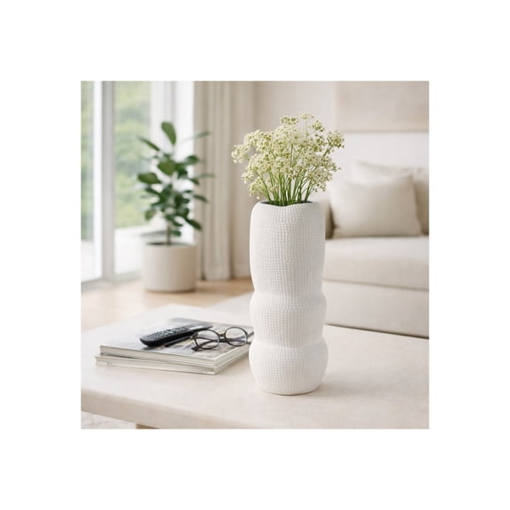 Decorative Waffle Texture Sculptural Vase for Living Room Decor - Modern Ceramic Flower Vase for Home, Bedroom, Office, and Table Decor - Textured Stoneware Design Accent for Dining Room - 12", White