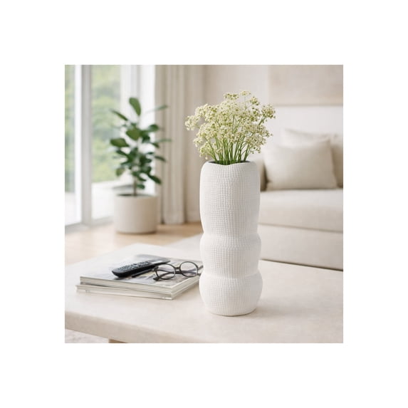 Decorative Waffle Texture Sculptural Vase for Living Room Decor - Modern Ceramic Flower Vase for Home, Bedroom, Office, and Table Decor - Textured Stoneware Design Accent for Dining Room - 12", White
