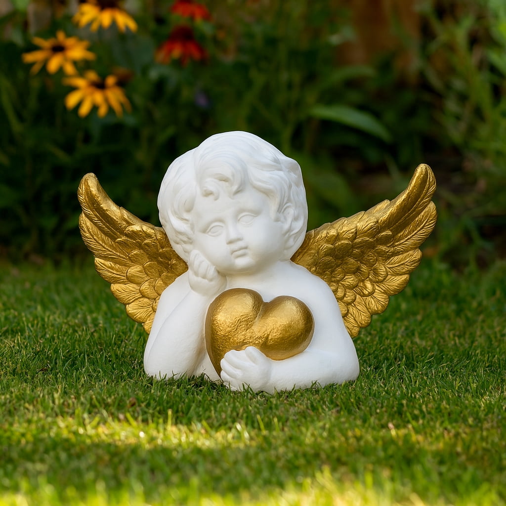Cherub Angel with Heart Garden Statuary Decor - Outdoor Decor for Front Porch, Garden, and Patio Accent - Decorative Statue and Figurine for Landscape and Yard Art - 11", White & Gold