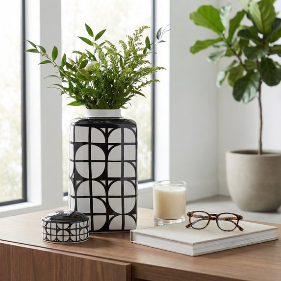 Square Jar Ceramic Vase with Lid for Home and Living Room Decor - Decorative Flower Vase for Bedroom, Office, and Dining Room - Accent Jar for House and Tabletop Styling - 18", White & Black