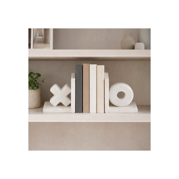 Decorative XO Shape Book Ends for Bookshelf Decor - Office Shelves Accent for , Desk or Living Room Display  - Modern Marble Bookends Accessories for Home Library Styling - Set of 2, 5", White