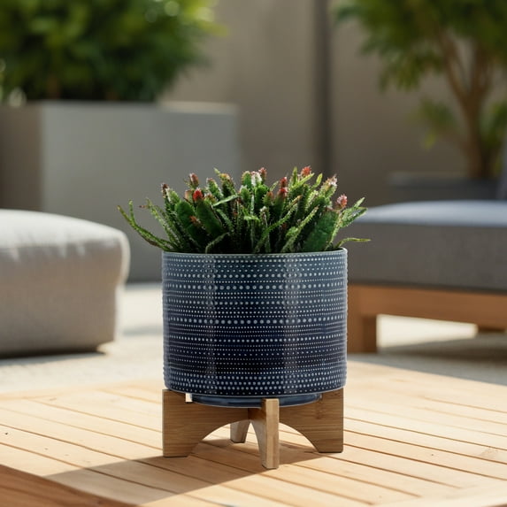Ceramic Planter with Bamboo Wood Stand - Round Ceramic Pot for Indoor & Outdoor Plants - Modern Decorative Planter for Home & Garden; 8x8x10 inch, Blue