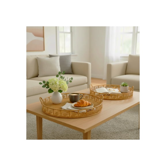 Decorative Bamboo Round Tray for House Decor - Stylish Coffee Table Decor or Centerpiece Table - Modern Home Decor Accents for Bedroom, Jewelry, or Bathroom Vanity Tray Dish - Set of 2, 4", Brown