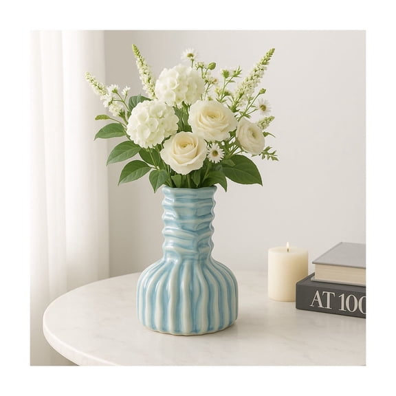 Ceramic Ribbed Bud Vase for Living Room Decor and Home Accent - Coastal House Decor and Dining Room Table - Decorative Flower Vase for Kitchen Counter, Bedroom, and Office Decor - 8", Blue