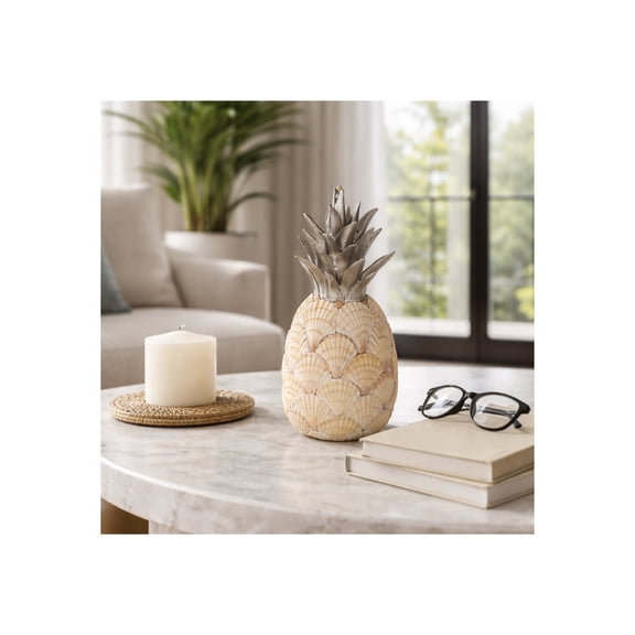 Sagebrook Home Coastal Textrured Seashell Pineapple for Home Decor - Nautical Sculpture for Bathroom, Living Room & Shelf Display - 12", Ivory & Green