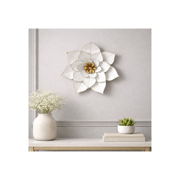 Lotus Flower for Home Room Wall Decor - Metal Wall Art for Living Room, Bedroom, and Bathroom Display - Modern Hanging Wall Decor for Dining, Entryway, and Hallway Accent - 3", White & Gold