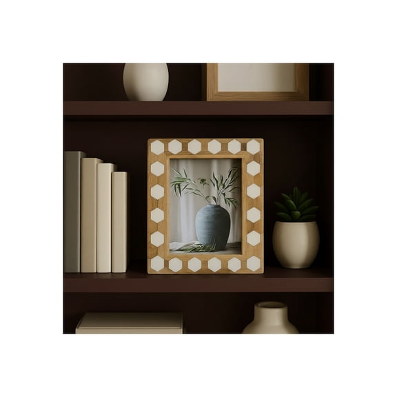 Decorative Rectangle Picture Frame with Hexagon Border - Stylish Photo Frame for Tabletop, Shelf Accent, or Living Room Decor - Boho Frame for Bedroom Nightstand or Office Desk - 10", White & Brown