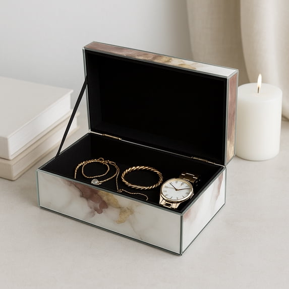 Modern Decorative Box with Lid for Home Decor - Jewelry Storage Box and Keepsake Organizer with Marble-Inspired Finish - Compact Design for Desk, Vanity, or Entryway Table - 3" White & Gold