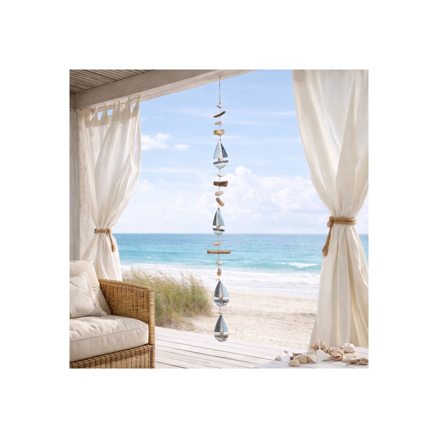 Contemporary Driftwood Boat Hanging Ornament for Home Decor and Bathroom - Coastal Accent for Office, Room and Living Room - Shelf and Coffee Table Decor Wall Display - 40", Blue & White
