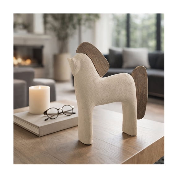Decorative Horse Figurine for Home Decor - Accent for Bathroom Counter, Office, Living Room or Shelf Styling - Pottery and Wood Sculpture Ornament for Coffee Table Display - 12", Ivory & Tan