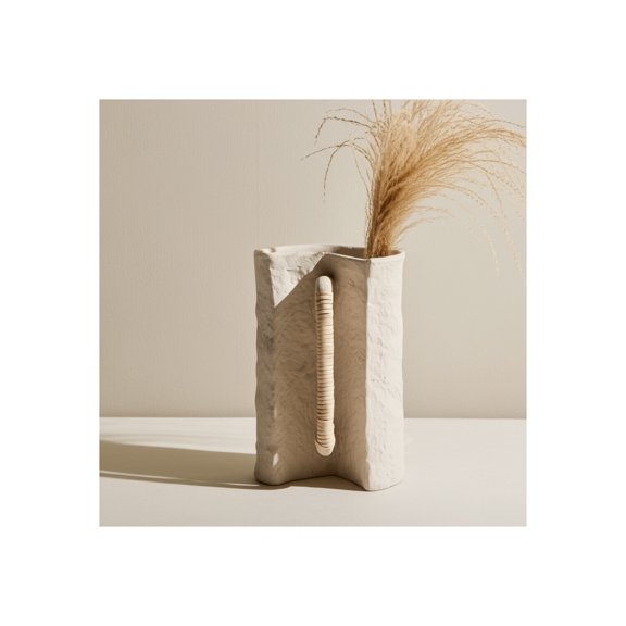 Handcrafted Decorative Vase with Woven Handle - Pottery & Cane Rustic Modern Home Accent for Living Room, Office, or Bedroom - 12" Ivory & Tan