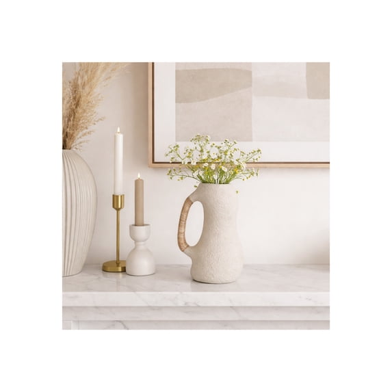 Sculptural Curved Vase for Living Room Decor - Ceramic Flower Vase with Woven Handle for Home, Bedroom, or House Accent - Boho Pottery Display for Home Office Table Centerpiece - 13", Ivory & Tan