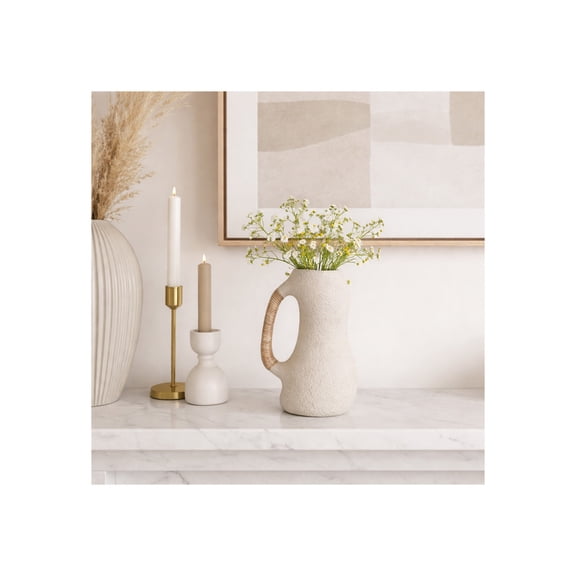 Sculptural Curved Vase for Living Room Decor - Ceramic Flower Vase with Woven Handle for Home, Bedroom, or House Accent - Boho Pottery Display for Home Office Table Centerpiece - 13", Ivory & Tan