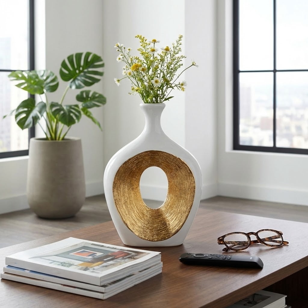 Elegant Ceramic Vase with Hollow Center for Living Room Decor - Contemporary Flower Vase for Home Decor and Room Display - Sculptural Accent for Bedroom, House, Office and Table - 13", White & Gold