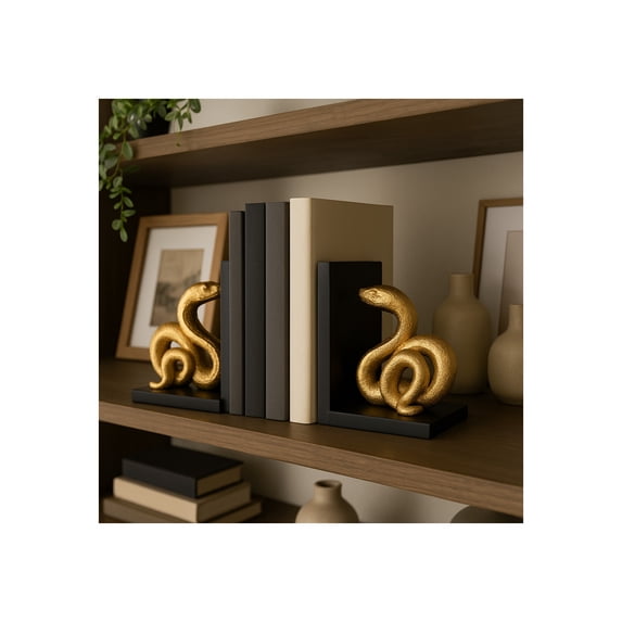 Decorative Resin Snake Bookends - Artistic Sculptural Book Accessories for Home Library or Entryway Decor - Modern Book Ends for Bookshelf, Desk, and Office Decor Accents - Set of 2, 6", Gold & Black