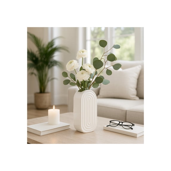 Elegant Oval Ridged Ceramic Vase for Living Room Decor - Decorative Home Accents for Bedroom, Office Desk, and Entryway Table - Flower Vase for Shelf or Kitchen Counter Display - 9", White