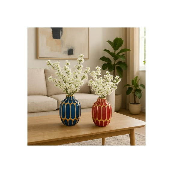 Ceramic Vase That Elevates Home Decor - Sculptural Flower Vases for Office, Living Room Decor, Table, and Bedroom Display - House Accent with Style for Any Space Set of 2 - 5" Blue, Red, Gold