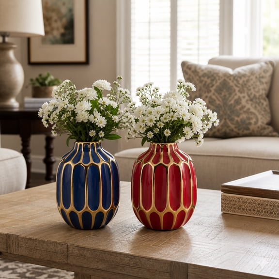Elegant Ceramic Vase for Living Room Decor and Home Decor Accent - Modern Decorative Flower Vase for Room, Bedroom, or Office Desk - Designed for House and Table Decor - Set of 2, 5", Blue & Red