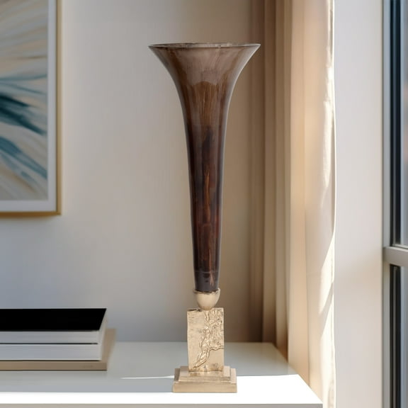 Modern Glam Glass Vase with Elegant Flared Silhouette and Decorative Aluminum and Metal Base Featuring Textured Sculptural Detailing for Stylish Contemporary Accent Display
