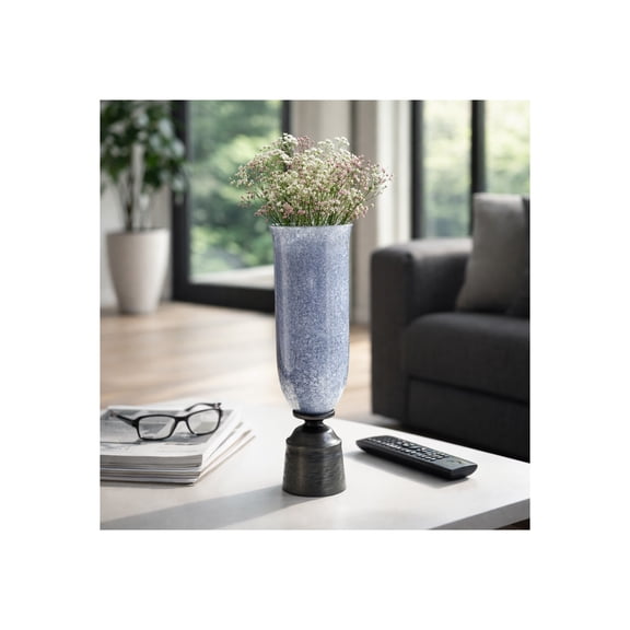 Coastal Glass Vase with Metal Base for Living Room and Home Decor - Decorative Flower Vase for Office, Bedroom, or Tabletop Decor - Ideal House Accent for Bathroom or Nightstand - 20", Blue