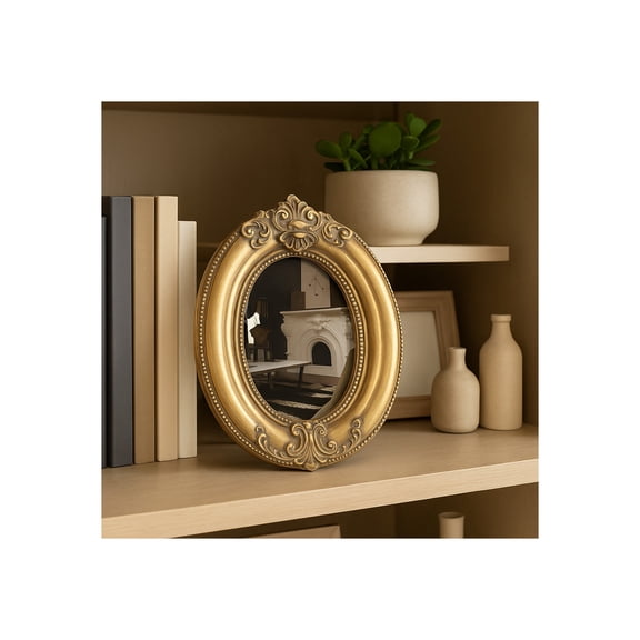 Decorative Oval Picture Frame for Home Decor - Vintage Inspired Resing Photo Frame for Bedroom Decor or Office Accents - Stylish Entryway Tabletop, Mantel, or Living Room Decor - 9", Gold
