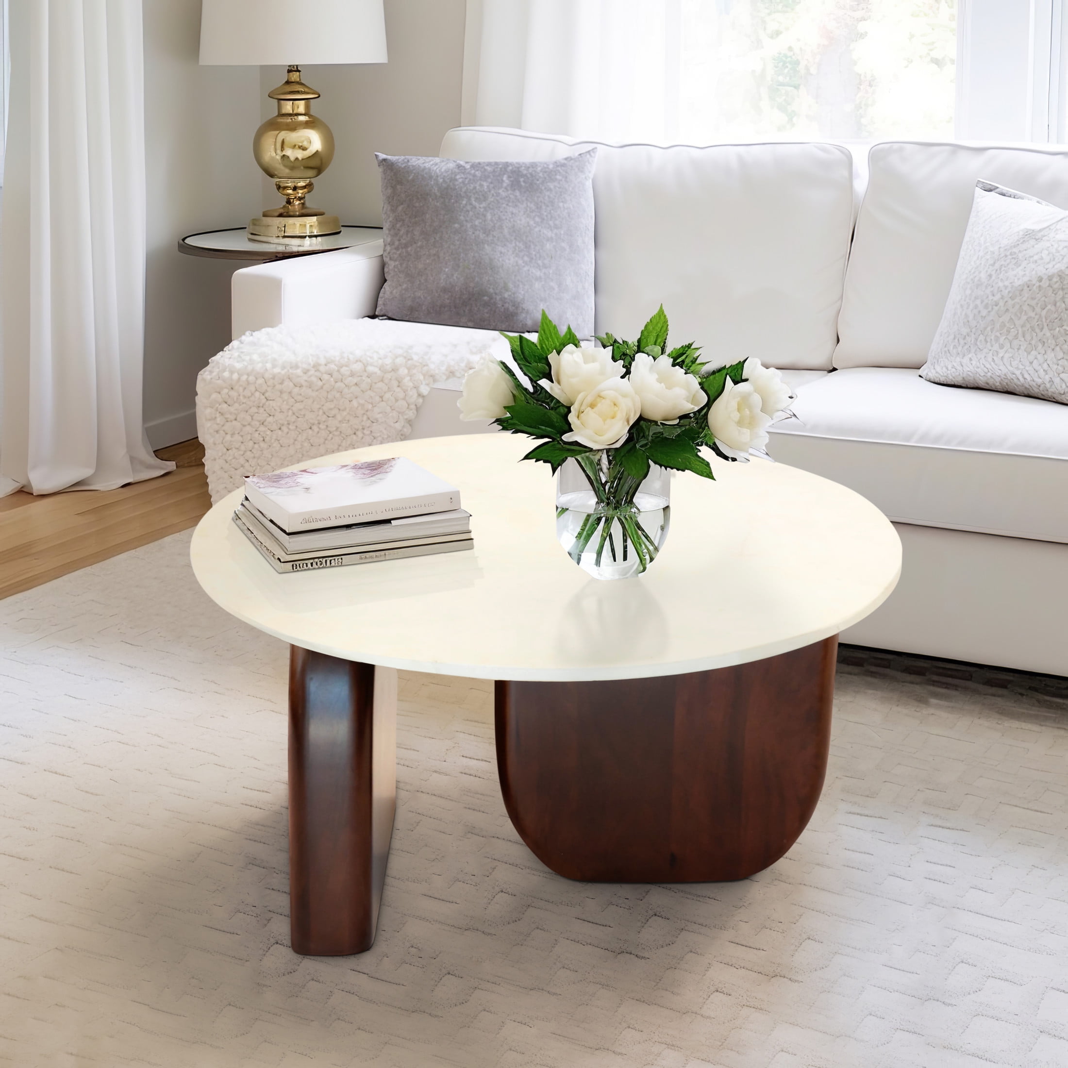 Round Walnut and White Marble Coffee Table, 30"