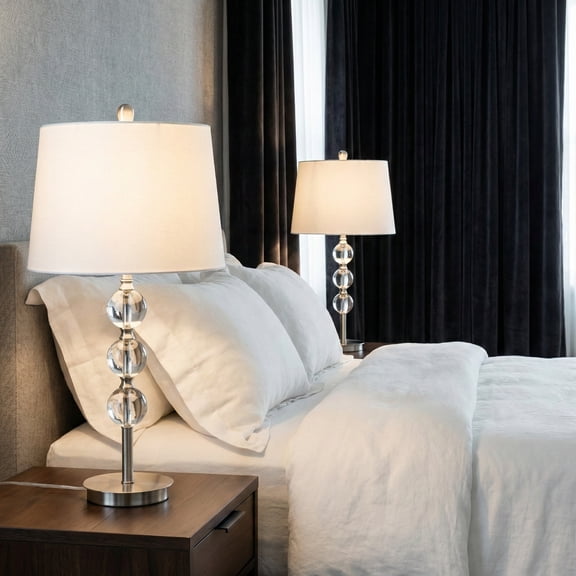 Modern Table Lamps for Home Decor with  Glass Sphere Base - Decorative Fabric Shades for Bedroom and Living Room Display - Bedside  Nightstand for Desk Accent - Set of 2, 27", Silver & Metallic