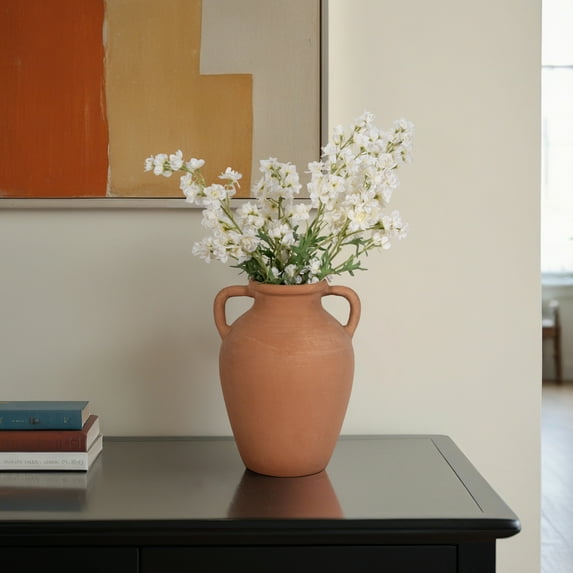 Boho Terracotta Pottery Vase - Rustic Handcrafted Decorative Flower Holder - Vintage Style Home Decor - Earthenware Accent for Living Room, Bedroom, Office - 13" Brown